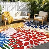 Yinhua Dahlia Floral Outdoor Rug 5x7 Colorful Indoor Outdoor Rugs Washable Patio Rug Non Slip Large Flower Area Rug Low Pile Outdoor Carpet for Patio, Deck, Porch, Balcony, Camping, Red and Blue