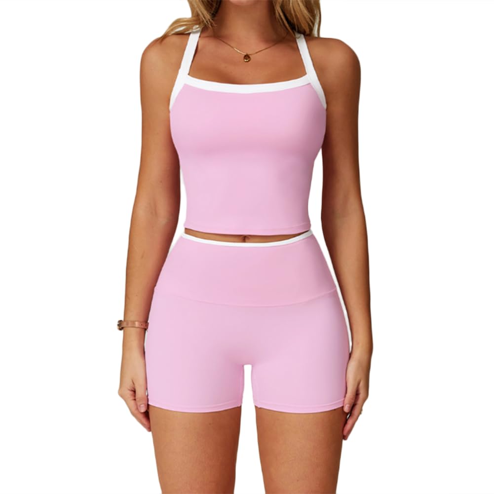 JPXJGT Yoga Set Color Contrasting Crossed Back Tight Yoga Clothes for Women Running Fitness(Size:M,Color:Pink)