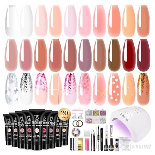 ROSALIND Kit Uñas de Gel 48W UV Lámpara con 20 Colores Gel de Extensión de Uñas Completo, Gel Uñas Set con Base Top Coat/Solución Deslizante, Poligel Kit Principiante con Decoración/Cepillo