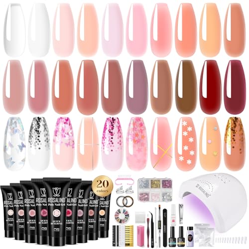 ROSALIND Kit Ongle Gel UV Complet avec 48W Lampe, 20 Couleurs Gel Construction Ongle UV Tube Lot Ongle Gel Kit Complet Rose Transparent Manicure Kit avec Base et Top...