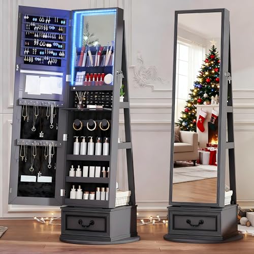 Vlsrka Mirror Jewelry Cabinet Standing, 360° Swivel Jewelry Armoire with Full Length Mirror,...