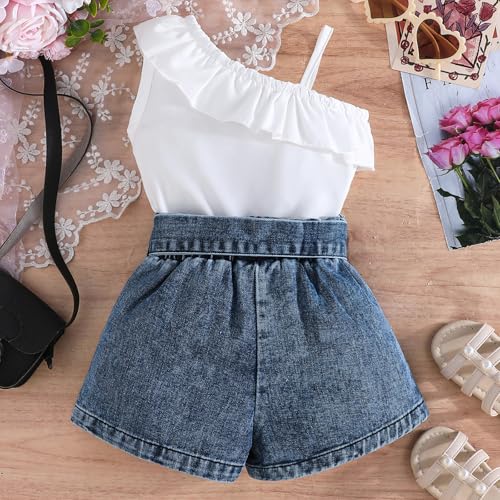 Kids Girls Summer 2 Piece Denim Outfits Sleeveless One Shoulder Ruffle Hem Tops + Trendy Jean Shorts Set4