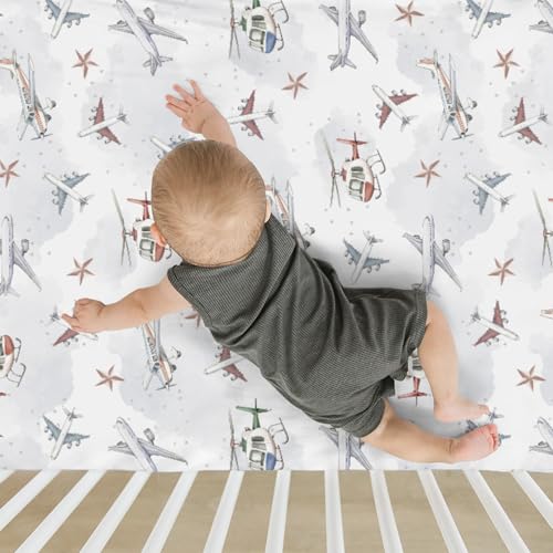 Image of Vintage Planes Airplanes Helicopters Baby Crib Sheets Boy Girl 28 inchx52 inch Plane Stars Clouds Sky Soft Stretchy Fitted Crib Mattress Cover Baby Sheet for Standard Crib & Toddler Mattress Pad