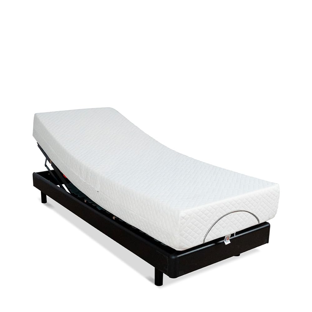 BELLECOUR Ensemble Sommier Électrique 80x200 cm + Matelas Mémoire de Forme 21 cm - Tête, Pieds et Buste relevables et télécommande Filaire - Fabriqué en France