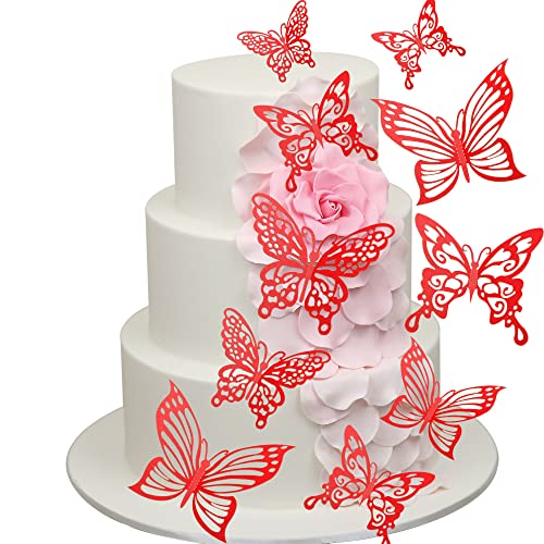 Arthsdite 36pcs Butterfly Cupcake Toppers Lively 3D Effect Butterfly Cake Toppers 3 Styles Butterfly Stickers Hollow Out Room Wall Decoration Kids Birthday Wedding Cake Decoration - Red