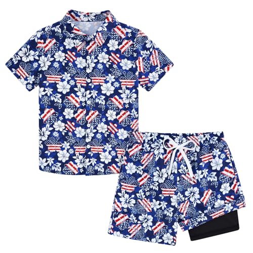 Image of UNICOMIDEA Boys 4th of July Outfits Kids Patriotic Independence Day Tropical Short Sets for 5-12 Years