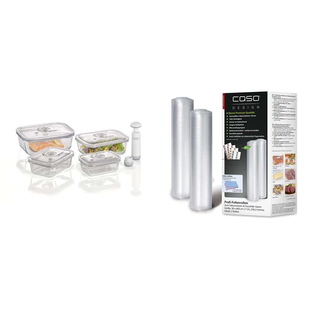 CASO VacuBoxx E-Set - 4 Extremely Stable Square Vacuum Containers Made of  Borosilicate Glass and Professional Foil Rolls 30 x 600 cm / 2 Rolls for  All ...