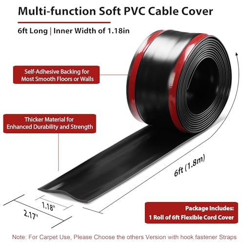 Image of ZhiYo 6ft Cord Cover for Wires on Floors or Walls, 2.2in Wide, Black | Soft PVC self-adhesive cord hider, easy to cut and install, ideal for 1-2 cables, extension cord, Ethernet and speaker cables