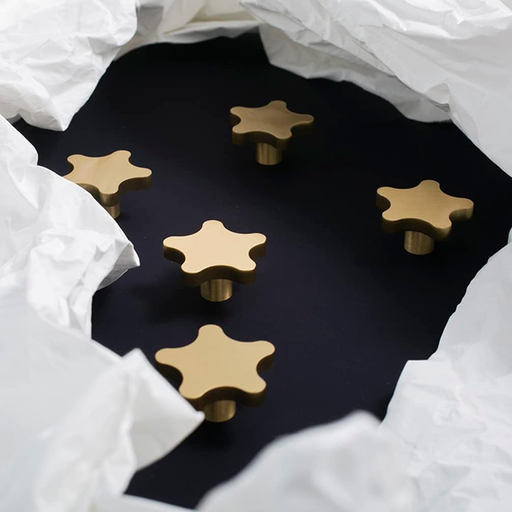 Brass Cabinet Gold Knobs, Copper Drawer Knobs Star Handles Antique Gold Knob for Kitchen Bathroom Cabinet Door Drawer, 4 Pack