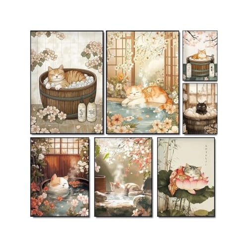 Póster retro de baño sobre lienzo impreso de alta definición con diseño de gato y cerezo 3