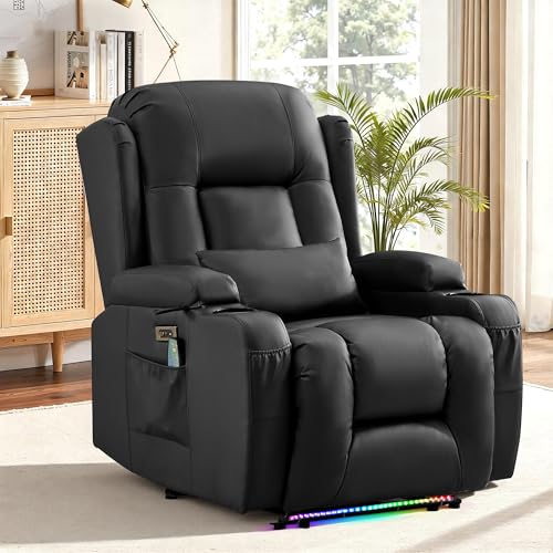 Image of URRED Recliner Chair with Massage and Heat, Power Reclining Sofa Chair Home Theater Seating with LED Ambient Light, USB Ports, Cup Holders, Side Pockets, Faux Leather (Black, Set of 1)