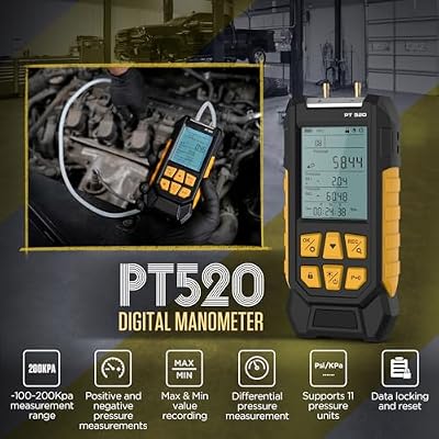 PT520 Digital Manometer, 0.25% FS Dual-Port Differential Pressure Gauge -100~200Kpa, 11 Units HVAC Air Pressure Tester, Handheld with Max/Min/Data Hold, Backlit LCD