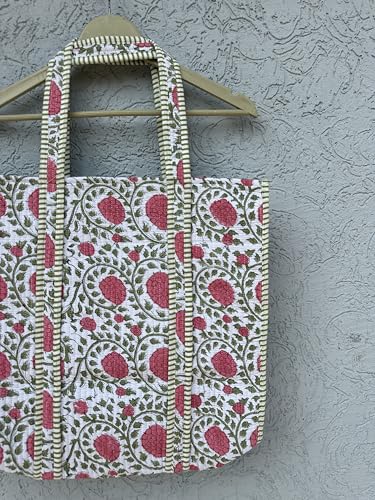 Image of Quilted Cotton Hand printed Reversible Large multicolor cotton Tote Bag,Indian Handmade Block Printed Tote Bag Women Handbag