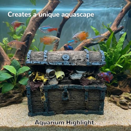 Image of Mipukbay Treasure Chest Fish Tank Decorations, Funny Aquarium Decor Ornament for Small Aquarium and Fish Tank, Safe Landscape Rock Cave for Betta Fish, Goldfish and Aquatic Pets