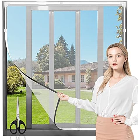 Adjustable Magnetic Window Screen DIY Fly Screen Window Max 39.4” x 47.3”Fits Any Smaller Size Easy Installation Keep Bugs/Flys/Mosquitoes Out(White Frame Gray Mesh Belt Scissors) Cover