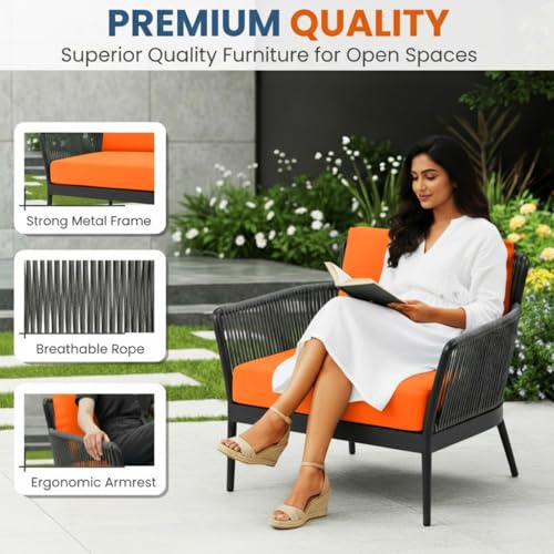 Image of DEVOKO Fabric Enhance Your Outdoor Living With Our 3 Piece Patio Set - Grey Rope Bistro Furniture With Orange Cushions, Ideal For Balcony, Backyard, Or Porch Provides Durability & Style
