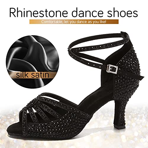 Image of JUODVMP Women's Latin Dance Shoes Rhinestones Satin Ballroom Dancing Shoes Salsa Professional Dance Shoes