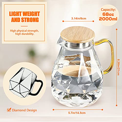 DUJUST Glass Pitcher with Lid & Spout (68 oz), Elegant Diamond Design Water Pitcher with Handle, High Durability Glass Jug for Fridge, Glass Carafe for Iced Tea/Juice/Beverage/Coffee, Room Decoration