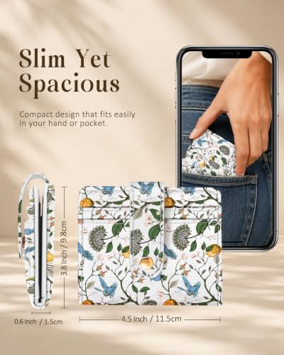 Image of Bistup Small Card Wallet for Women with Keychain, Lemon & Bird | durable material, clear ID window,, compact design for daily carry, sturdy keychain, aesthetic