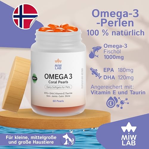 Omega 3 für Hunde & Katzen 60 Fischöl 1000mg EPA + DHA + Taurin + Vitamin E Kapseln für Glänzendes Fell Starke Gelenke & EIN Gesundes Immunsystem Mächtig und Sichere Kleiner und Großer Hund und Katze
