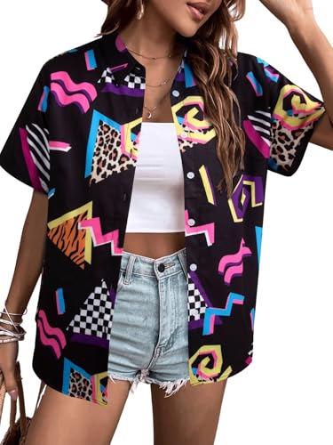 80s 90s Outfits for Women: 80s Disco Party Themed Shirt Vintage 90s Neon Hawaiian Button Down Short Sleeve Tops