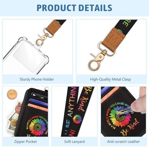 Be Kind Sunflower Lanyard Wallet with ID Badge Holder, Small RFID Wallet Women Keychain Wristlet, Slim Credit Card Holder Case with Zipper Pocket Phone Lanyard Wrist Strap Name Tag Office Teacher Gift