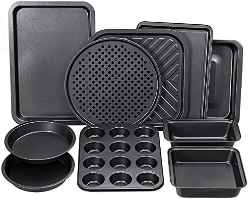 PERLLI 10-Piece Non-Stick Bakeware Set, Includes Oven Crisper, Pizza Tray, Roasting, Loaf, Muffin, Square, 2 Round Cake Baking Pans, Large and Medium Nonstick Cookie Sheet & Microfiber Cleaning Cloth