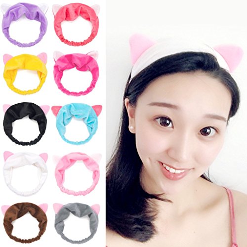 WJood 10 PCS Cat Ear HairBand,Washing Face Headbands, Makeup Hairbands,Fits All Head Sizes