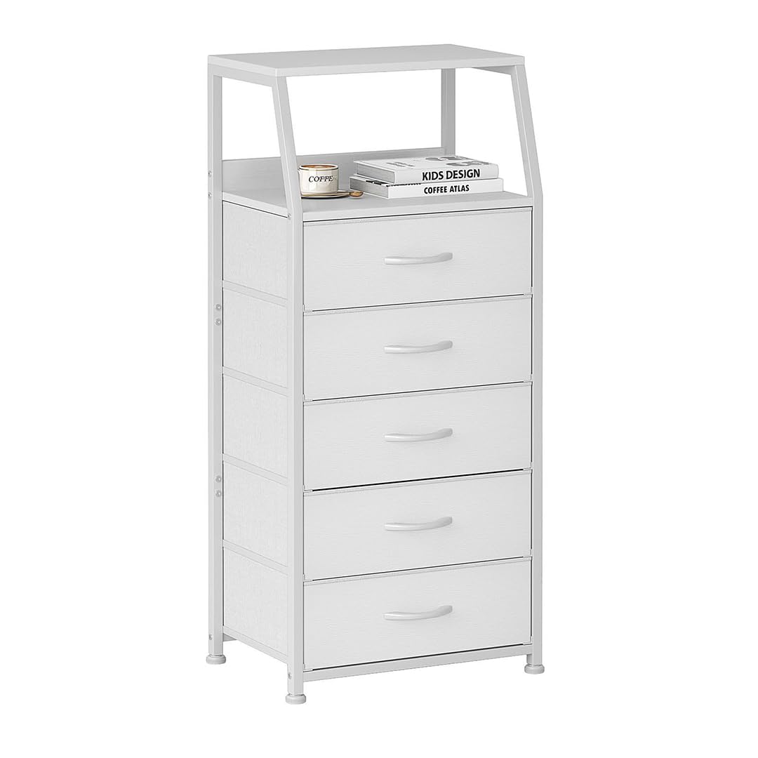 White Dresser with 5 Drawers, Vertical Storage Tower Fabric Dresser for Bedroom, Hallway, Entryway, Nursery, Closet Organizer, Nightstand Bedside Table Furniture, Sturdy Steel Frame, Wood Top