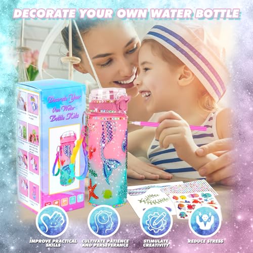 Meerjungfrau Geschenke für Mädchen 5 6 7 8 9 10 Jahre, Trinkflasche Bastelset Kinder ab 6 8 10 11 Jahre DIY Wasserflasche Basteln Diamond Painting Kinder Geburtstag Spielzeug Mädchen 4-12 Jahre