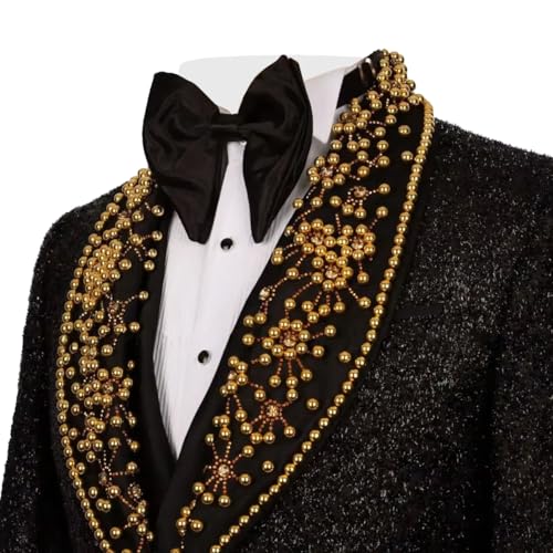 Men's Black 3-Piece Tuxedo Suit with Gold Rhinestone Shawl Lapel, Single Breasted, One Button3