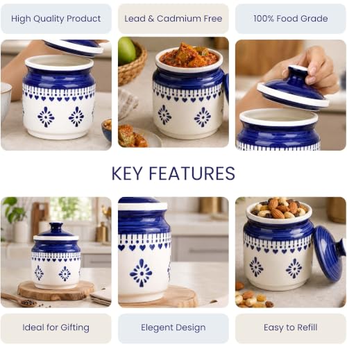 Image of The Earth Store Blue Drape Pickle Jar Set of 1 - 600ML Ceramic Jar for Kitchen Storage | Microwave & Dishwasher Safe Achar Container | Pickle, Salt & Spice Storage Jar | Barni Jar
