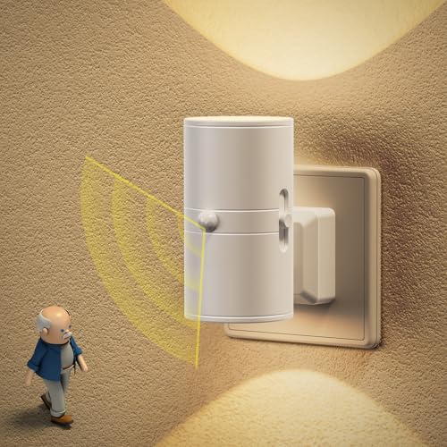 JandCase Luz Nocturna con Sensor de Movimiento, Luz Nocturna Enchufe Brillo Ajustable 0-100 lm, 3 Modos (ON/AUTO/OFF), Luce de Noche Infantil 3000K Blanco Cálido, Lampara Noche Enchufe para Pasillos