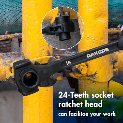 Image of DAKCOS 3 /4 inch x 7 /8 inch Ratchet Spud Wrench with Hammer Head, 12 Point Double Ended Socket Ratcheting Podger Scaffold Wrench, Black