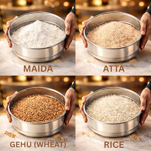 Image of Rakesh Gold Stainless Steel Colander & Strainer for Kitchen Use - Multi-Use Channi /Steel Chalni with Holes for Washing Rice, Fruits, Vegetables & Wheat (Regular Size) (Regular Size, 4 in 1 CHALNI)