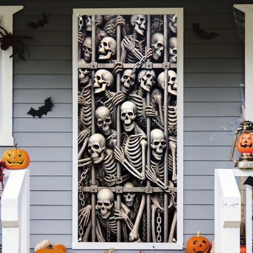Image of Halloween Skeleton Fabric Door Cover Scary Skull Banner 35 x 71 Inch | Skeleton and Skull Design | Haunted House Door Backdrop | Halloween Party, Porch and Wall Decoration | 1 Piece