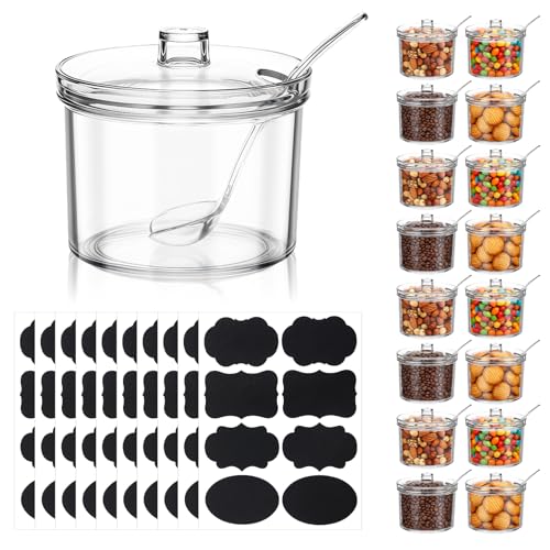 Aphumedc 16Pcs Toppings Containers with Lids and Spoon with Tag, 7.1 Oz Clear Acrylic Sugar Salt Dispenser for Countertop, Ice Cream Sundae Toppings, Condiment Organizer Set for Restaurant Supplies
