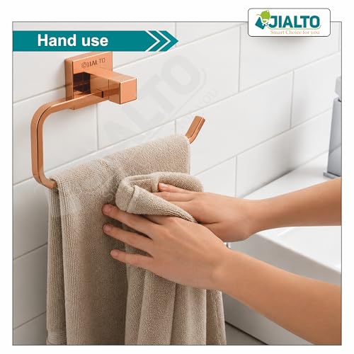 Image of JIALTO Rose Gold Finish Towel Ring - Wall Mounted Stainless Steel Rustproof Towel Holder for Bathroom and Kitchen - Square Hand Towel Hanger for Wash Basin Toilet Sink Area (Pack of 2)