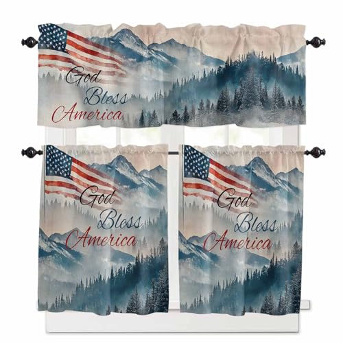 American Flag Kitchen Curtains 36 Inch Length,3 Piece Rod Pocket Small Half Tiers and Valance Set,4th of July Independence Day Forest Rustic Small Large Window Treatment Decor for Bedroom/Bathroom