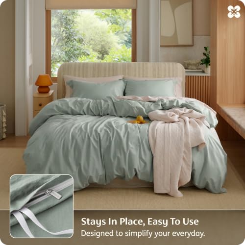 Image of Bedsure 100% Washed Cotton Duvet Cover Queen Size - Sage Green Minimalist Bedding Set Linen Like - PureWoven Plain Simple & Soft Comforter Cover for All Seasons (Sage Green, Queen, 90 inchx90 inch)