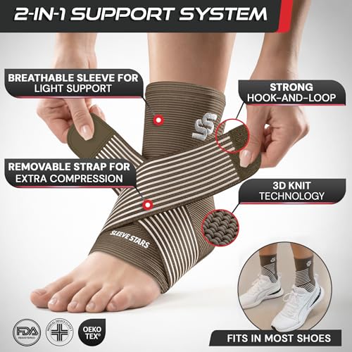 Image of Sleeve Stars Ankle Brace for Women & Men, Ankle Wrap for Sprain, Compression Sleeve for Plantar Fasciitis Relief, Easy Customizable Support: w / Removable Strap (Pair /M:10 inch-12 inch /Mocha Brown)