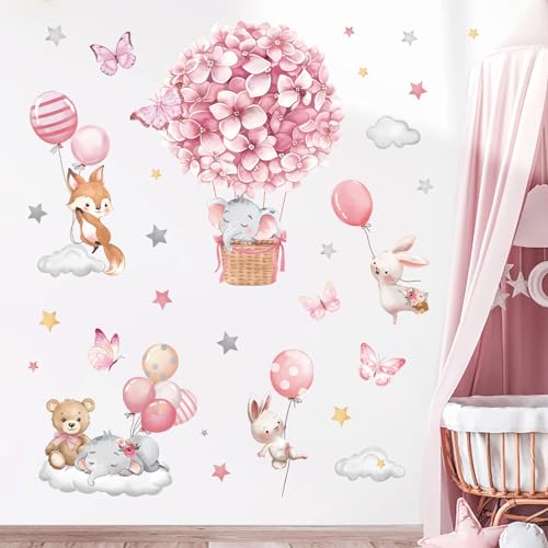 decalmile Animals Hot Air Balloon Wall Decals Flowers Balloons Elephant Bear Wall Stickers Baby Nursery Girls Bedroom Playroom Wall Decor - Image 3
