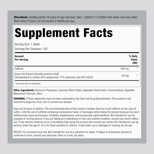 Fitness Labs Caffeine Pills 200mg | 120 Tablets | with Green Tea Extract | Energy Supplement | Vegetarian, Non-GMO, Gluten Free