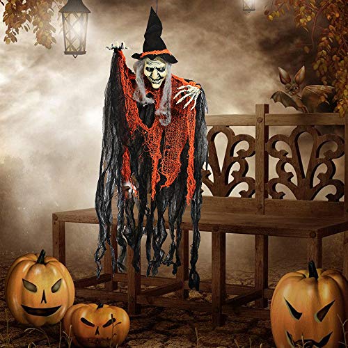 Image of JOYIN 3 Pack 35 inch Hanging Ghosts Witch Pumpkin Decor Hanging Halloween Decorations Outdoor Halloween Decor, Scary Flying Witch Grim Reapers Haunted House Front Porch Decor Yard Garden Lawn Party