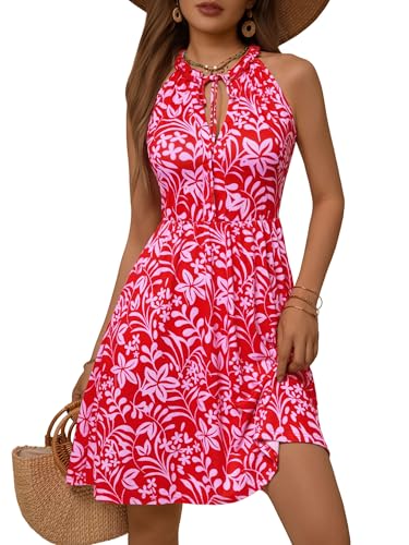 Image of HUHOT Petite Women Teen Summer Halter Dress Vacation Mini Sundress with Pockets