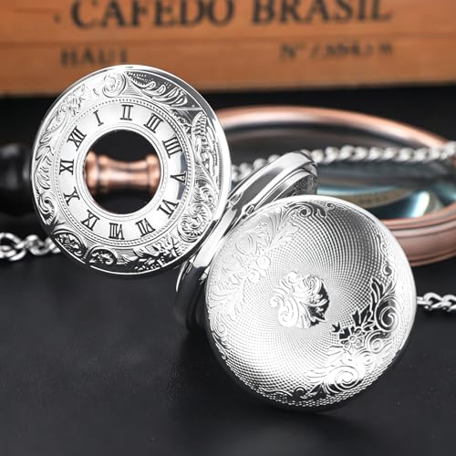 Image of Vintage Gold Double Sides Open Case Mechanical Men's Pocket Watch,Double Face Roman Dial Clock Hand Wind Pocket Watch for Men with FOB Chain