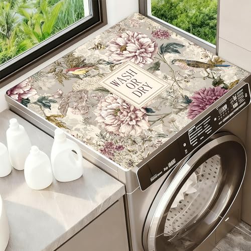 Image of Washer Dryer Top Cover Mat, Non-Slip Laundry Room Decor, Laundry Room Kitchen Appliance Decor Protector Universal 23.6 inchx19.7 inch (Flowers and Birds)