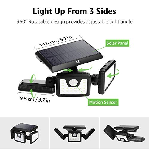 LE Solar Lights Outdoor, Motion Sensor Security Lights, 3 Adjustable Head 70 LED 270° Wide Angle, Waterproof Wireless Wall Lights for Porch Yard Garage Pathway and More, Pack of 2