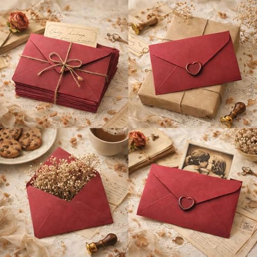 Image of Celebrations Red Kraft Paper Envelopes for Love Letters & Romantic Messages, Vintage Red Envelopes for Handwritten Notes, Anniversary Cards & Valentine's Day Letters - Pack of 25