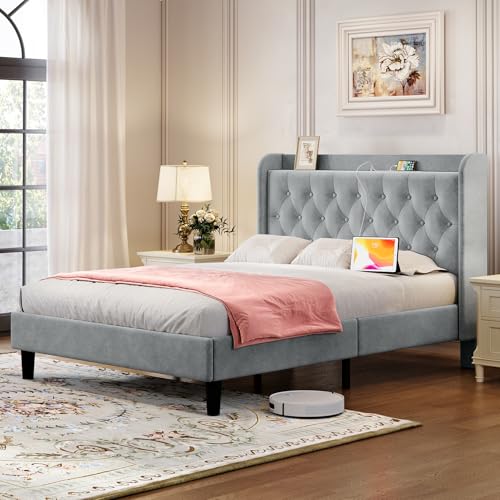 Image of koorlian Queen Bed Frame with Headboard, Adjustable Velvet Upholstered Bed Frame with Type-C&USB Ports, Wingback Storage Headboard, Solid Wood Slats Support, No Box Spring Needed, Light Gray